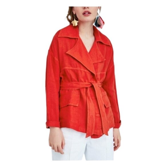 Zara Basic Linen Jacket | Orange Red | Size XS - Picture 1 of 10